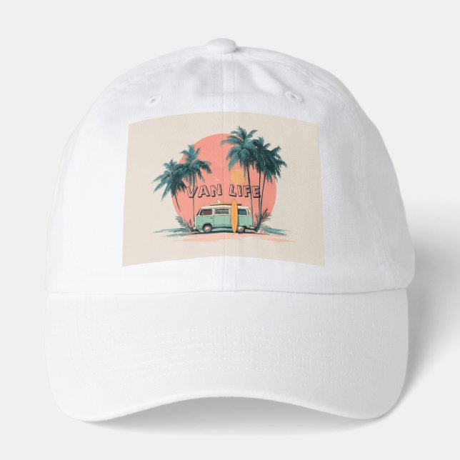 Van Life – Retro Beach Camper Art Hat (Front)