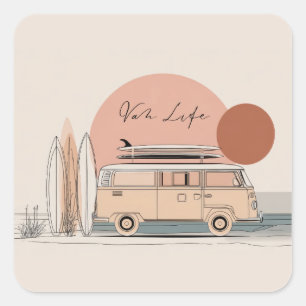 Van Life Surf Van – Retro Beach Camper Aesthetic Square Sticker