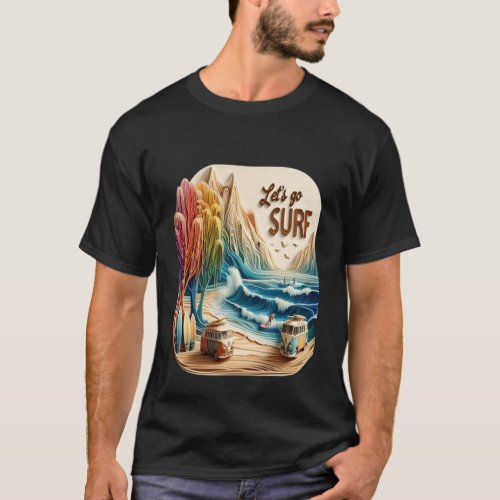 Van Parked With Surfboards on Sandy Shore T_Shirt