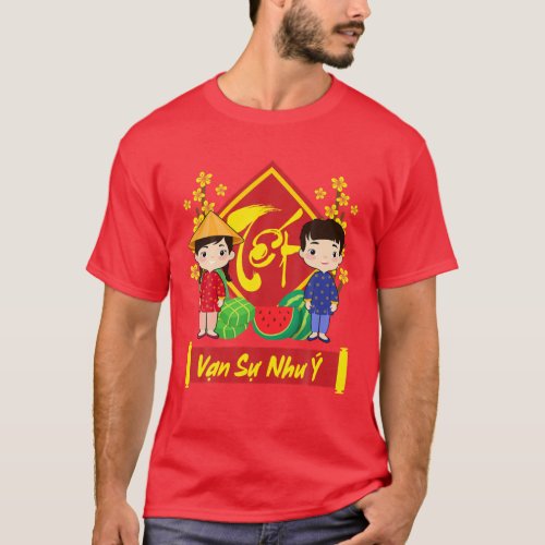 Van Su Nhu Y  Vietnamese New Year Red Kids Ao Dai T_Shirt