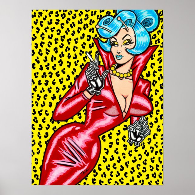 Vana DeVinyl™/Red Vinyl Dress/Yellow Leopard Poster (Front)