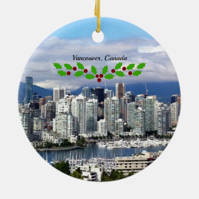 Vancouver Canada Skyline with Christmas holly Ceramic Ornament (Back)