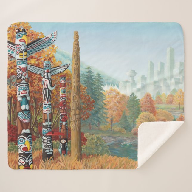 Vancouver Sherpa Blankets Totem Art Throw Blankets (Front (Horizontal))