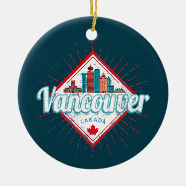 Vancouver Skyline British Columbia Retro Canada Ceramic Ornament (Front)