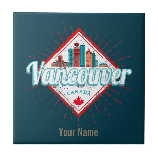 Vancouver Skyline British Columbia Retro Canada Ceramic Tile (Front)