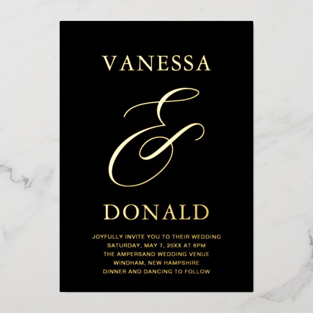 Vanessa Black Modern Wedding Foil Invitation (Front)