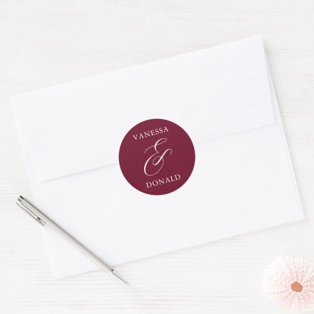 Vanessa Burgundy Modern Wedding Classic Round Sticker (Envelope)