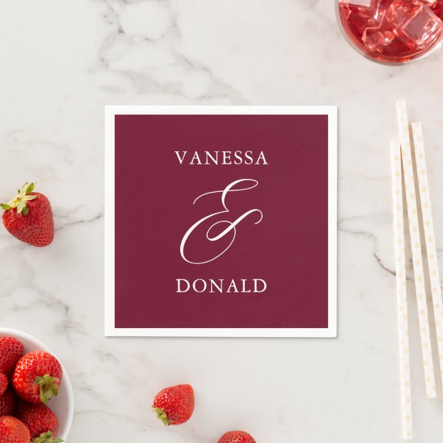 Vanessa Burgundy Modern Wedding Napkins (Insitu)