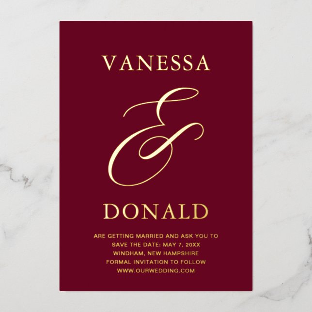 Vanessa Burgundy Modern Wedding Save the Date Foil Invitation (Front)