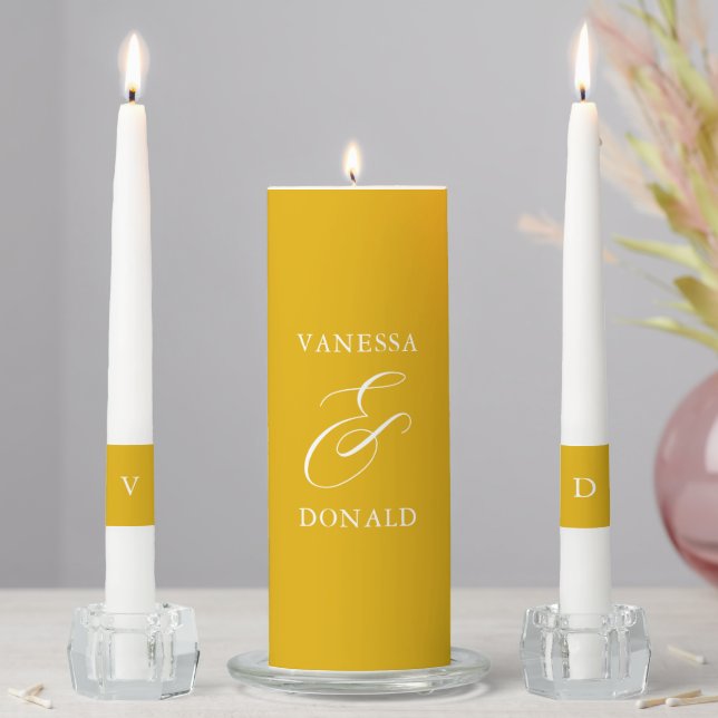 Vanessa Mustard Yellow Modern Wedding Unity Candle Set (In Situ)