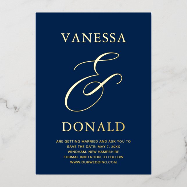 Vanessa Navy Blue Modern Wedding Save the Date Foil Invitation (Front)