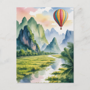 Vang Vieng Laos Hot air Balloon watercolor Postcard