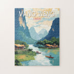 Vang Vieng Laos Travel Art Vintage Jigsaw Puzzle<br><div class="desc">Vang Vieng retro vector travel design. Vang Vieng is a small town north of Vientiane,  on the Nam Song River in Laos. It's surrounded by striking limestone mountains and caves.</div>