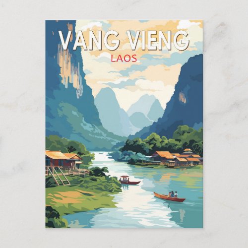 Vang Vieng Laos Travel Art Vintage Postcard