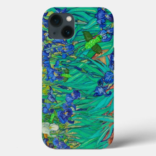 VanGough Blue Irises with hummingbirds added iPhone 13 Case