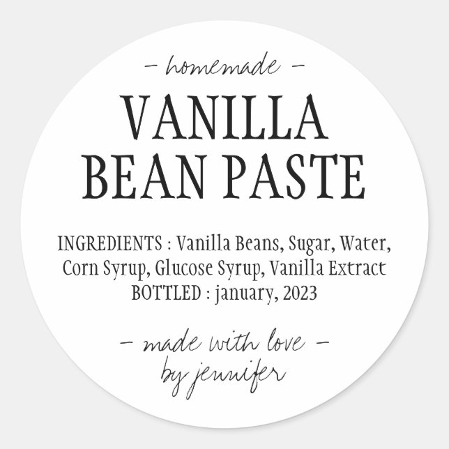 Vanilla Bean Paste Bottle Homemade extract Classic Round Sticker (Front)