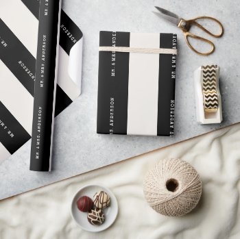 Vanilla & Black Preppy Stripes Custom Name Wedding Wrapping Paper by fatfatin_blue_knot at Zazzle