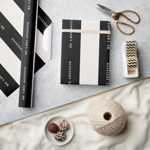 Vanilla  Black Preppy Stripes Custom Name Wedding Wrapping Paper