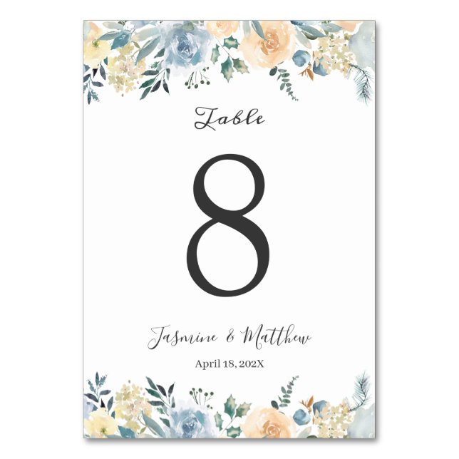 Vanilla Blue Floral Wedding Table Number Card (Front)