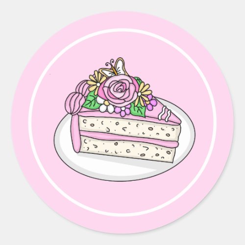 Vanilla Cake topped with Roses and Flowers Classic Round Sticker