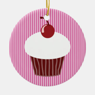 Vanilla Cupcake and Pink Stripes Ceramic Ornament