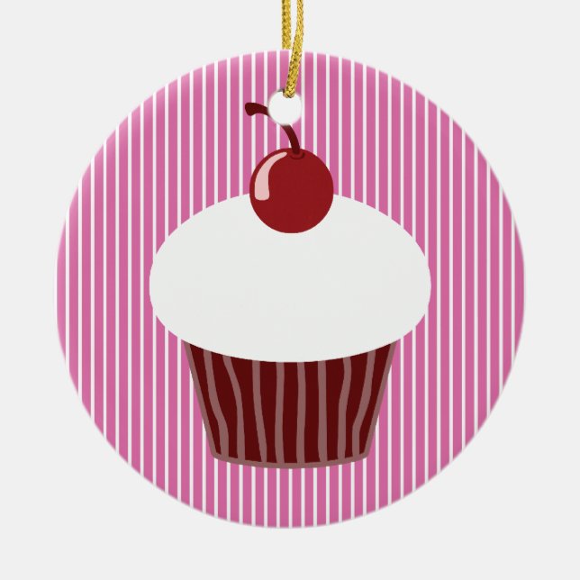 Vanilla Cupcake and Pink Stripes Ceramic Ornament (Front)
