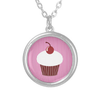 Vanilla Cupcake and Pink Stripes Silver Plated Necklace