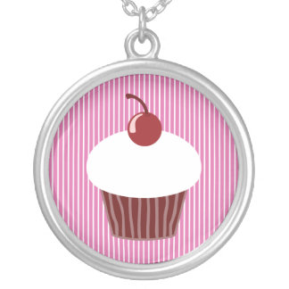 Vanilla Cupcake and Pink Stripes Silver Plated Necklace