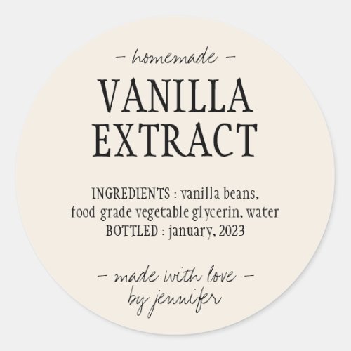 Vanilla Extract Bottle Homemade drink Cream ivory Classic Round Sticker