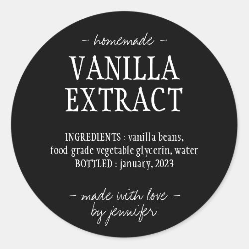 Vanilla Extract Bottle Homemade drink simple black Classic Round Sticker