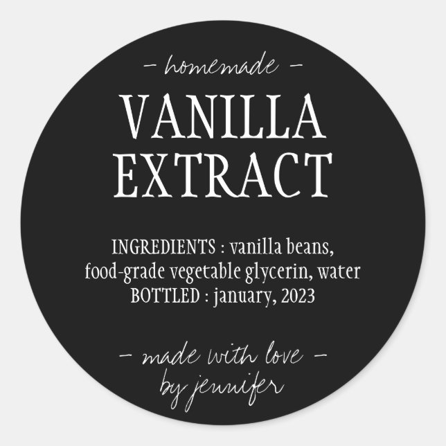Vanilla Extract Bottle Homemade drink simple black Classic Round Sticker (Front)