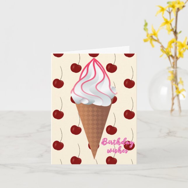Vanilla Ice Cream Cone Birthday Card (Yellow Flower)