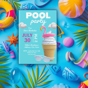 Vanilla Ice Cream Cone Birthday Pool Party Invitation