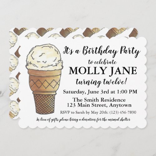 Vanilla Ice Cream Social Cone Scoop Birthday Party Invitation