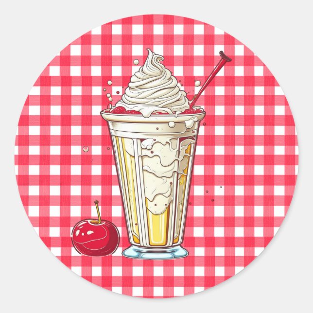 Vanilla Milkshake with Cherries Red Checkered Classic Round Sticker (Front)