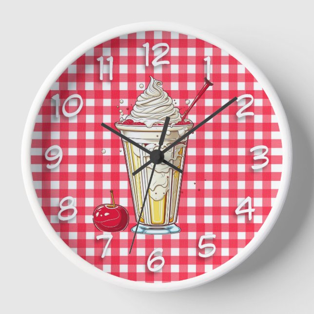Vanilla Milkshake with Cherries Red Checkered Clock (Front)