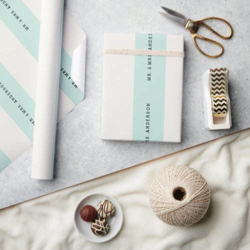 Vanilla  Mint Preppy Stripes Custom Name Wedding Wrapping Paper