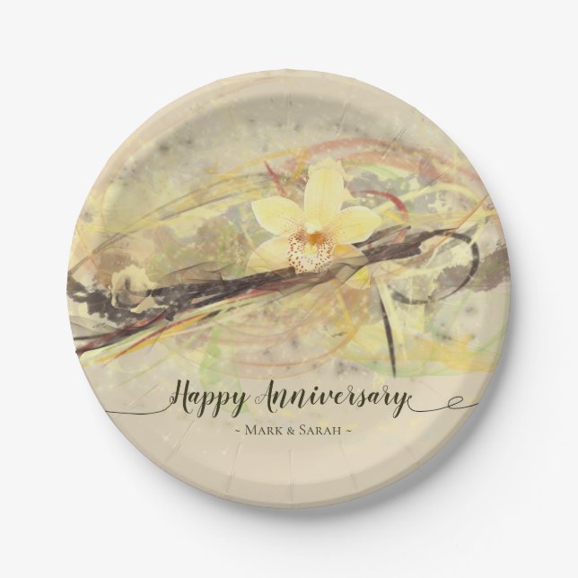 Vanilla Orchid Flower Abstract Art Calligraphy Paper Plates (Front)