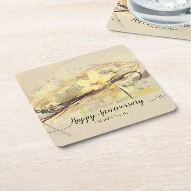 Vanilla Orchid Flower Abstract Art Calligraphy Square Paper Coaster (Angled)
