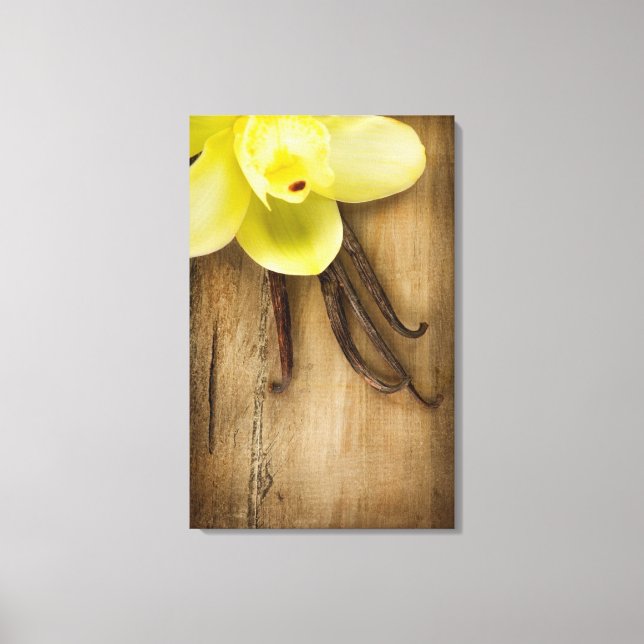 Vanilla Pods and Flower over Wooden Background Canvas Print (Front)