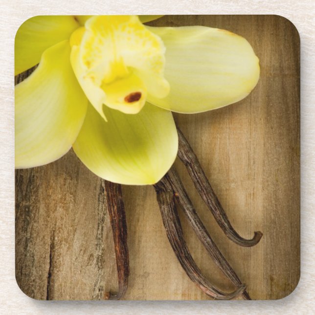 Vanilla Pods and Flower over Wooden Background Coaster (Front)