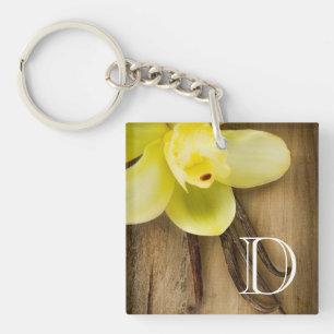 Vanilla Pods and Flower over Wooden Background Keychain