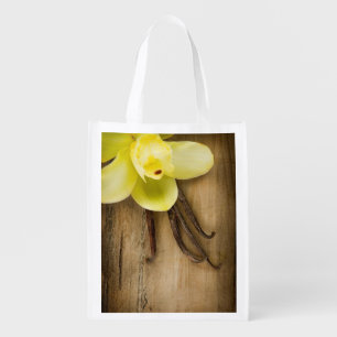 Vanilla Pods and Flower over Wooden Background Reusable Grocery Bag