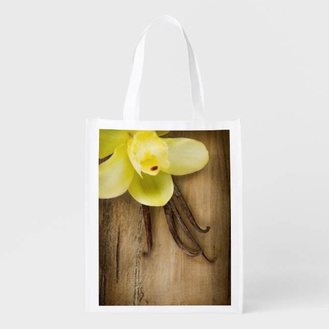 Vanilla Pods and Flower over Wooden Background Reusable Grocery Bag (Front)