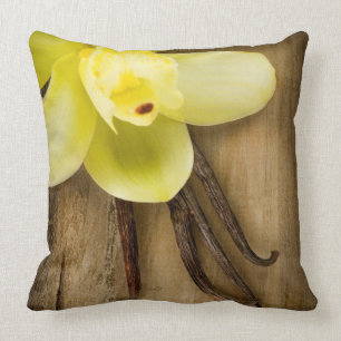 Vanilla Pods and Flower over Wooden Background Throw Pillow