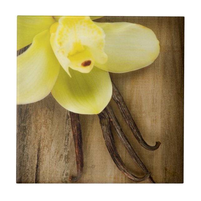 Vanilla Pods and Flower over Wooden Background Tile (Front)