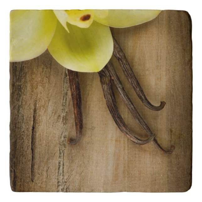 Vanilla Pods and Flower over Wooden Background Trivet (Front)