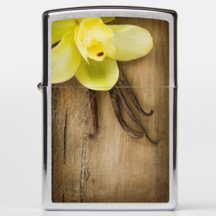 Vanilla Pods and Flower over Wooden Background Zippo Lighter