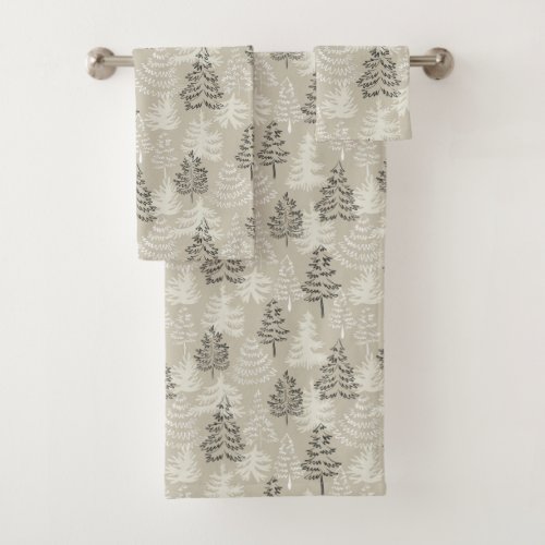 Vanilla Satin Minimalist Christmas Pine Trees  Bath Towel Set