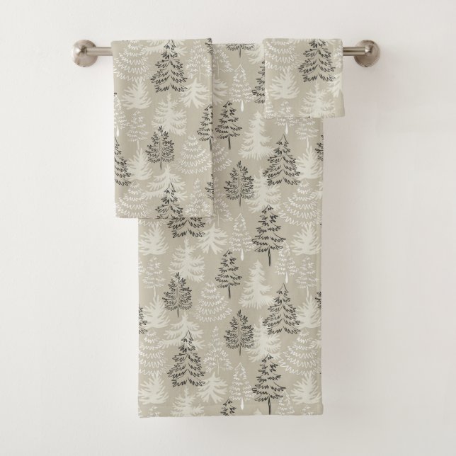 Vanilla Satin Minimalist Christmas Pine Trees  Bath Towel Set (Insitu)